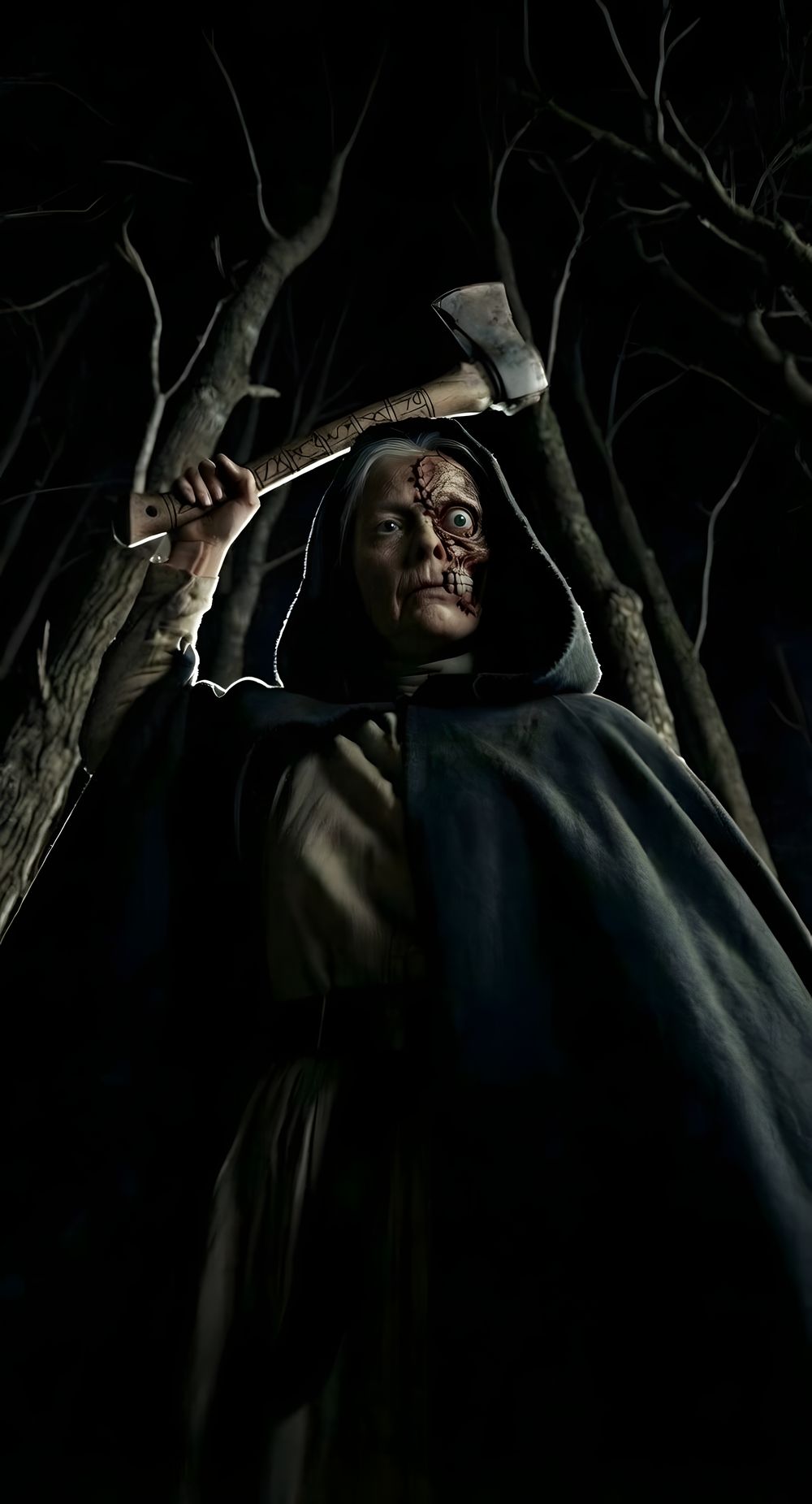 The Leatherface Lady in the woods at night, hatchet raised